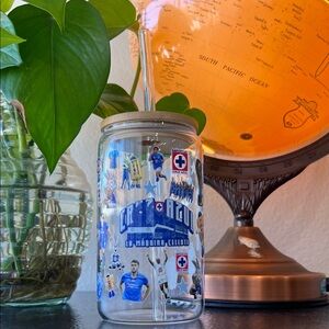Cruz Azul -Themed Glass Tumbler with Straw 16oz